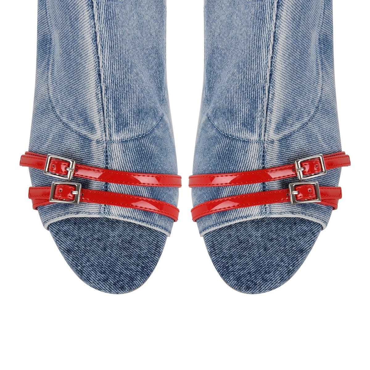 Denim Open Toe Buckle Stiletto Knee High Boots - Onlymaker