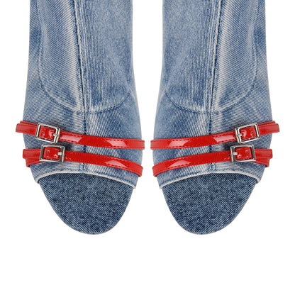 Denim Open Toe Buckle Stiletto Knee High Boots - Onlymaker