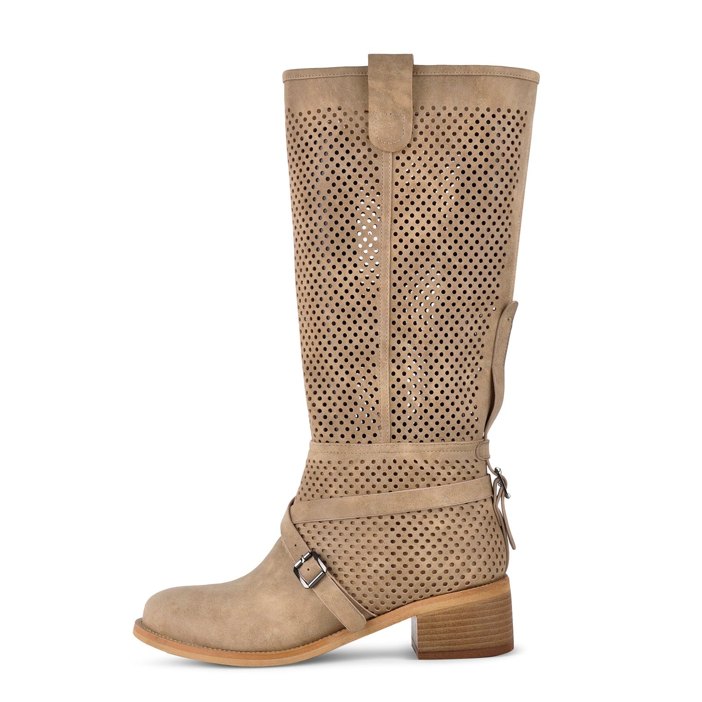 Perforated Buckle Strap Knee High Western Boots - Onlymaker