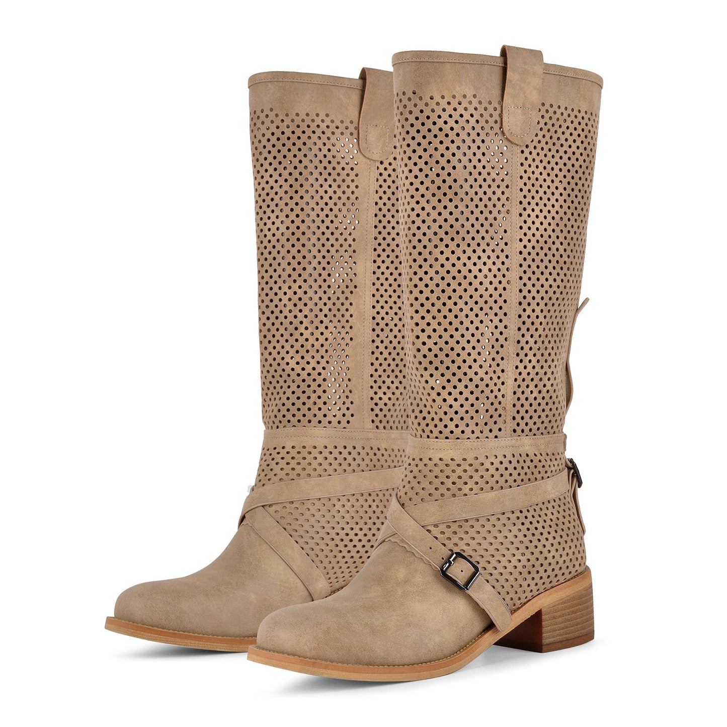 Perforated Buckle Strap Knee High Western Boots - Onlymaker