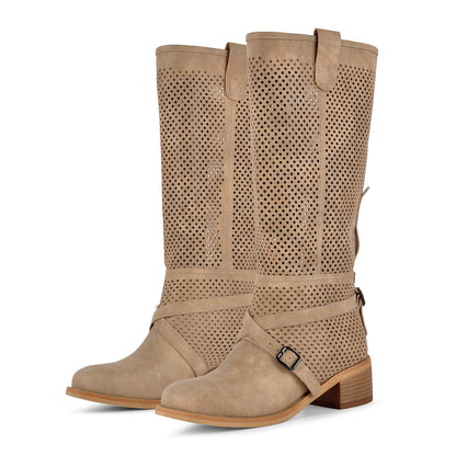 Perforated Buckle Strap Knee High Western Boots - Onlymaker