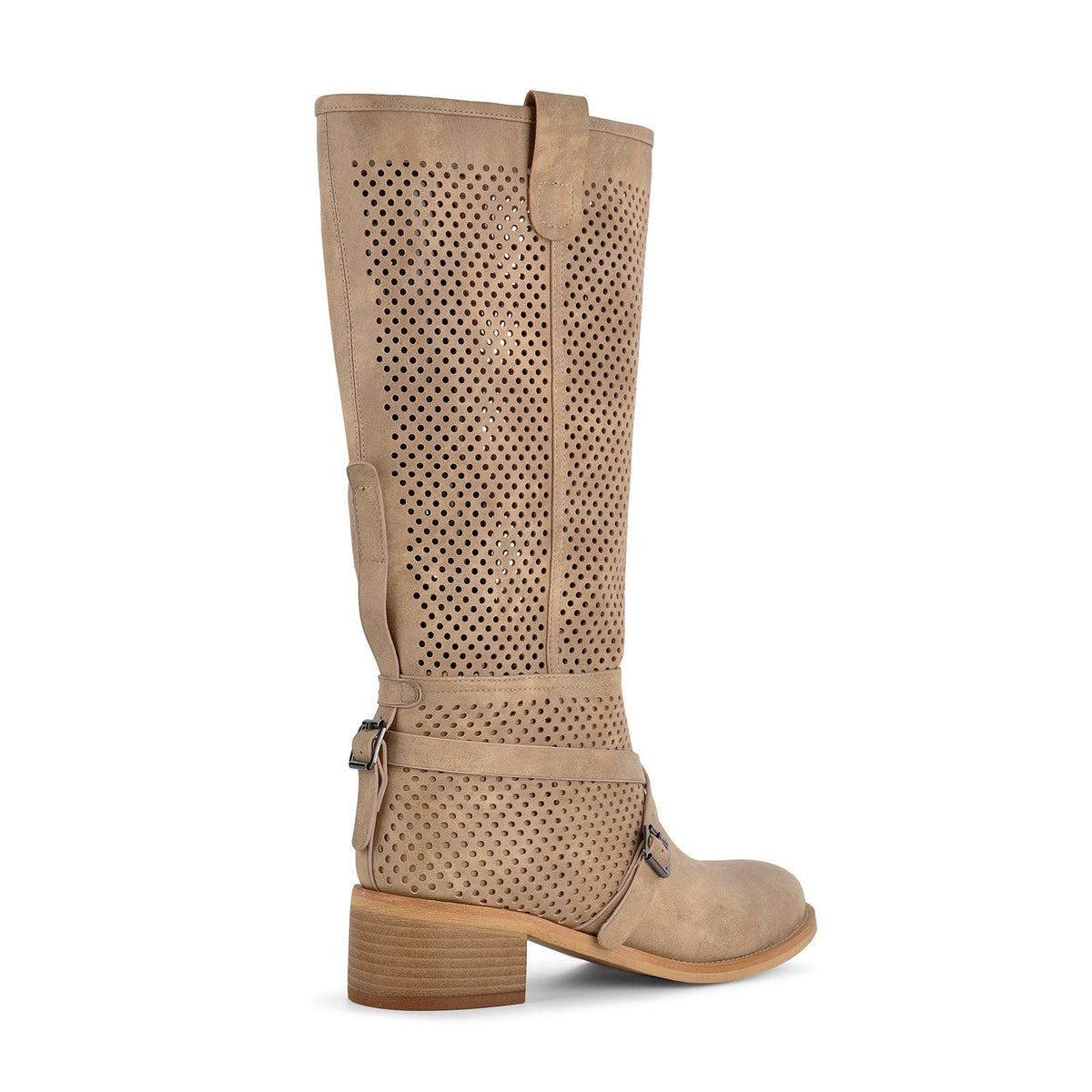 Perforated Buckle Strap Knee High Western Boots - Onlymaker