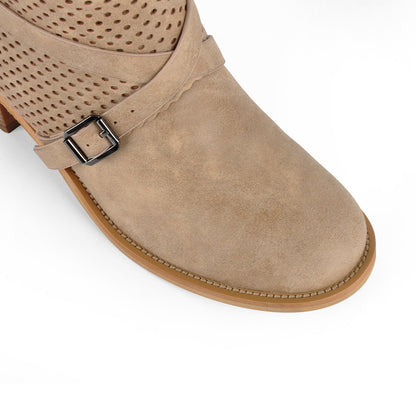 Perforated Buckle Strap Knee High Western Boots - Onlymaker