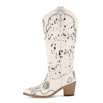 Embroidery Suede Patchwork Knee High Western Boots - Onlymaker