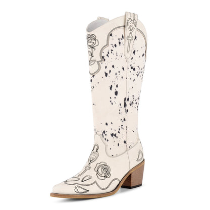 Embroidery Suede Patchwork Knee High Western Boots - Onlymaker