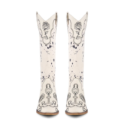 Embroidery Suede Patchwork Knee High Western Boots - Onlymaker