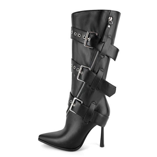 Pointed Toe Buckle Strap Zipper Knee High Boots - Onlymaker
