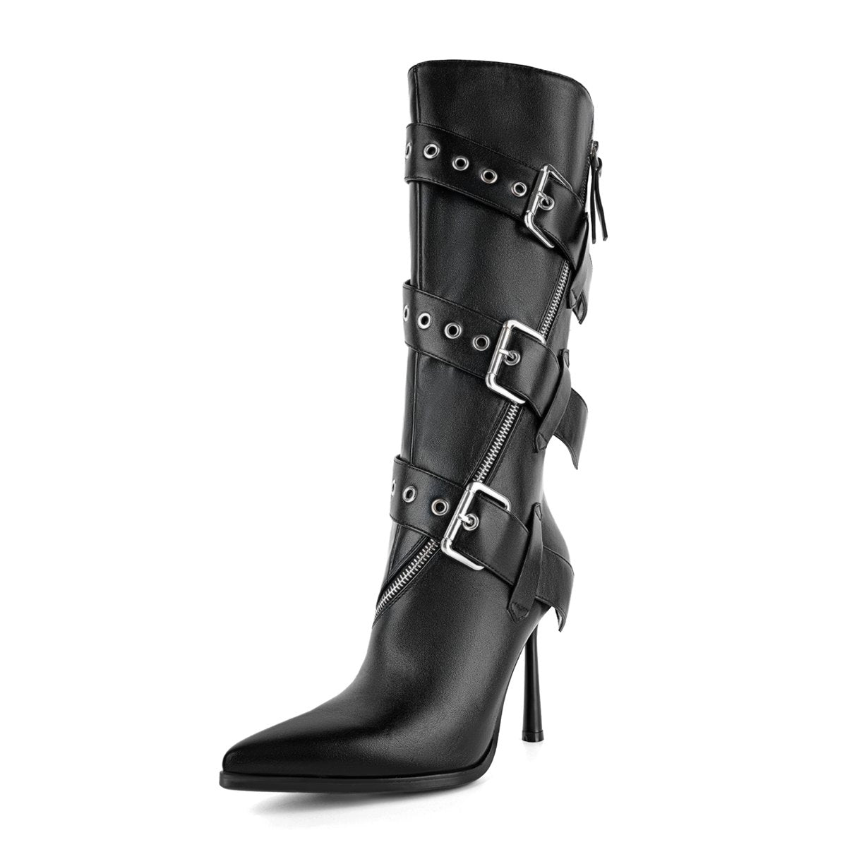 Pointed Toe Buckle Strap Zipper Knee High Boots - Onlymaker