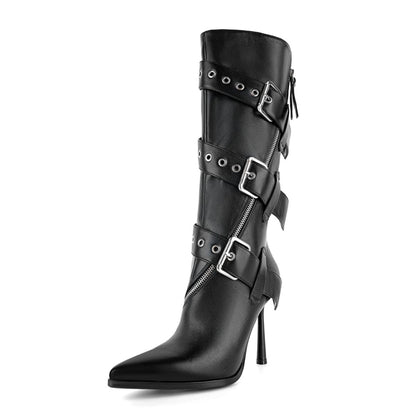 Pointed Toe Buckle Strap Zipper Knee High Boots - Onlymaker