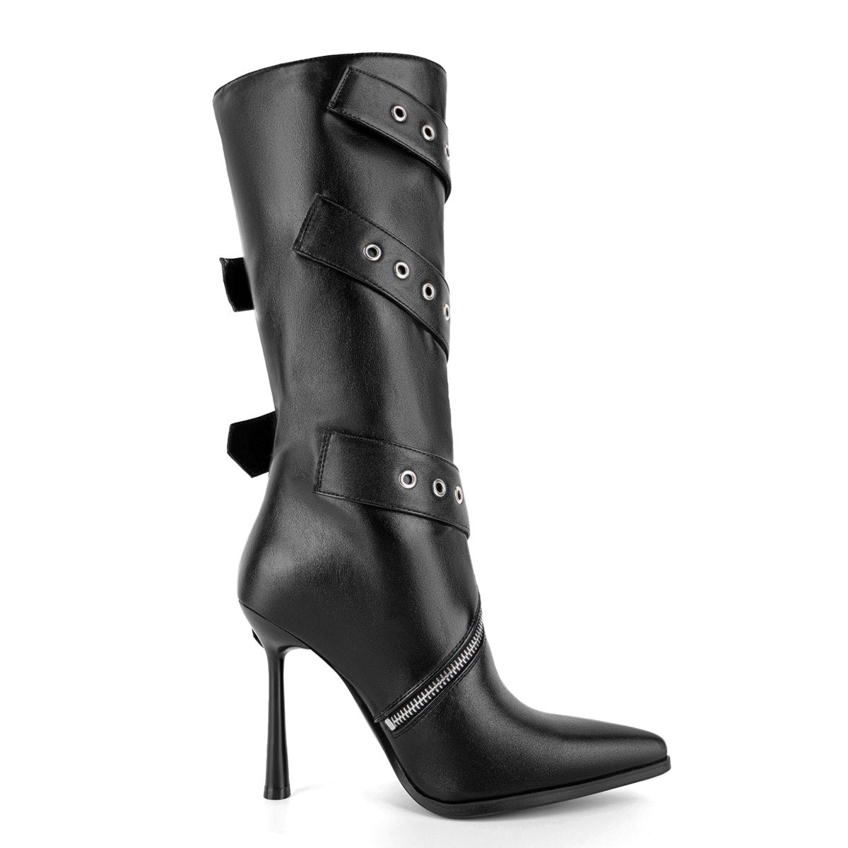 Pointed Toe Buckle Strap Zipper Knee High Boots - Onlymaker