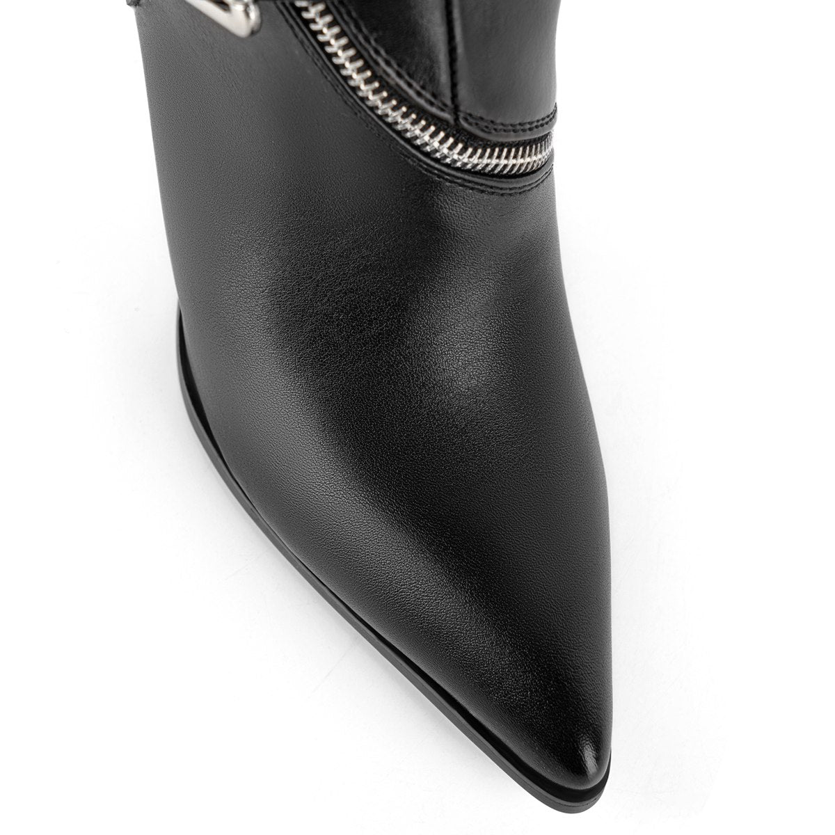 Pointed Toe Buckle Strap Zipper Knee High Boots - Onlymaker
