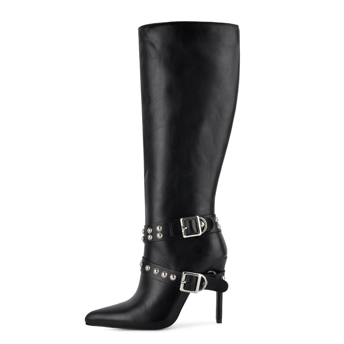 Pointed Toe Studded Buckle Strap Knee High Boots - Onlymaker