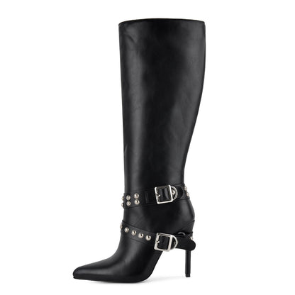 Pointed Toe Studded Buckle Strap Knee High Boots - Onlymaker