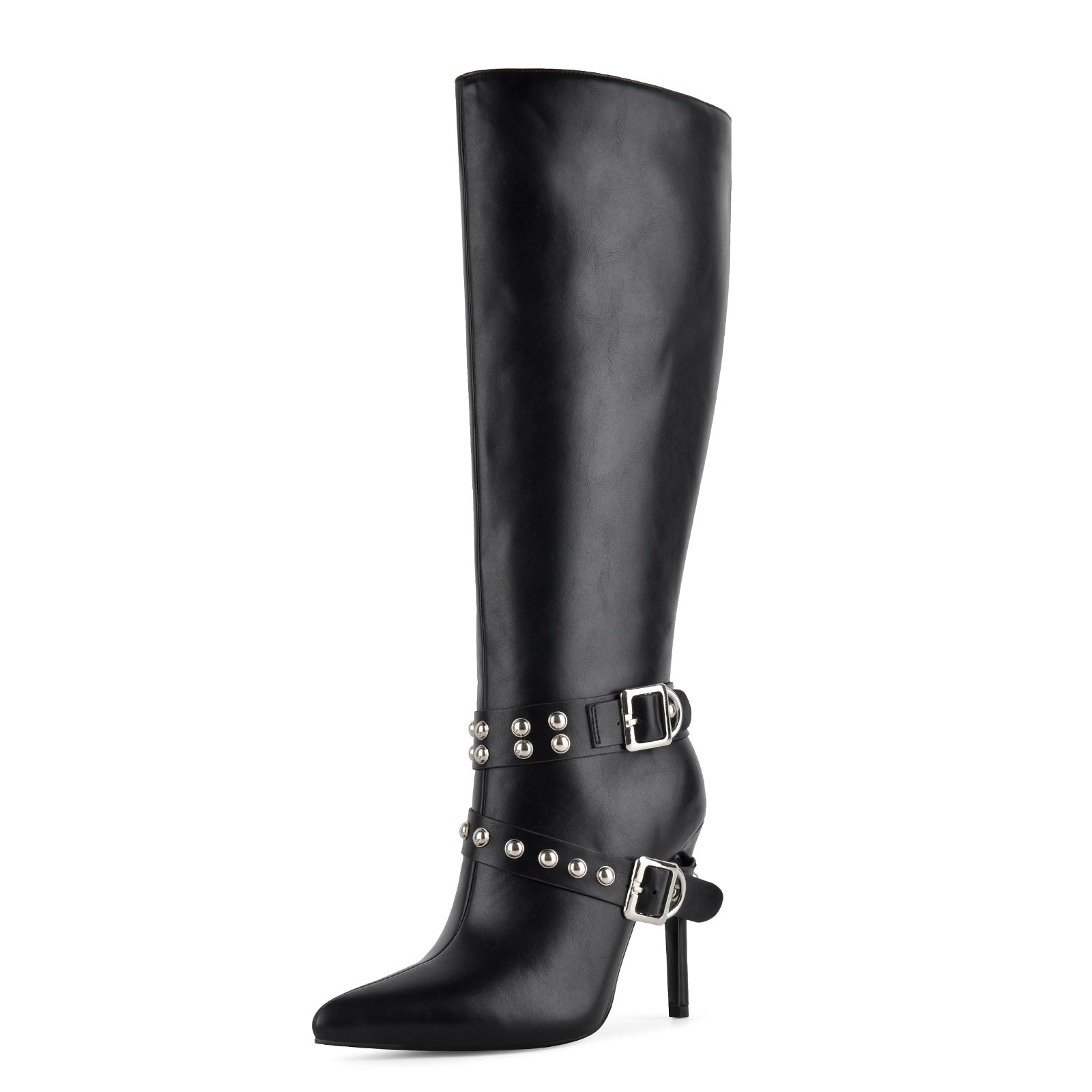 Pointed Toe Studded Buckle Strap Knee High Boots - Onlymaker