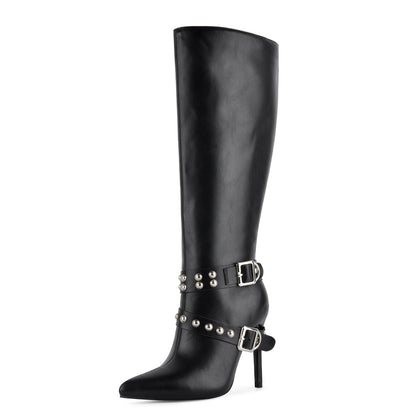 Pointed Toe Studded Buckle Strap Knee High Boots - Onlymaker