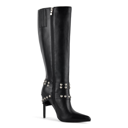 Pointed Toe Studded Buckle Strap Knee High Boots - Onlymaker