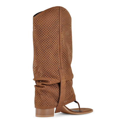 Perforated Flip-Flop Buckle Knee High Boots - Onlymaker