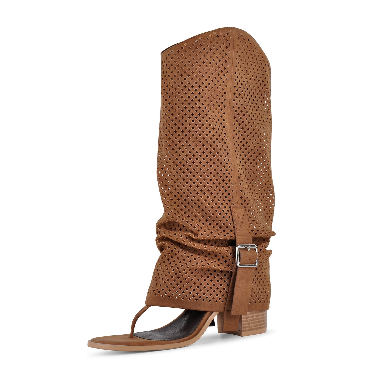 Perforated Flip-Flop Buckle Knee High Boots - Onlymaker