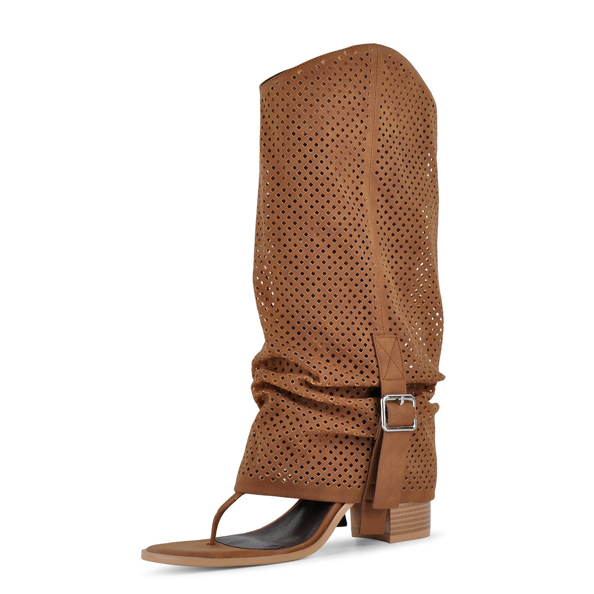 Perforated Flip-Flop Buckle Knee High Boots - Onlymaker