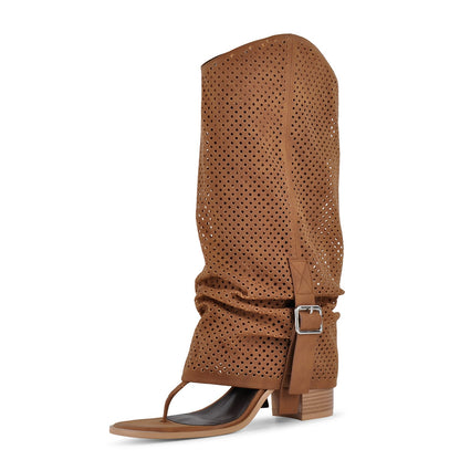 Perforated Flip-Flop Buckle Knee High Boots - Onlymaker