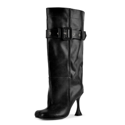 Square Toe Buckle Strap Knee High Boots - Onlymaker
