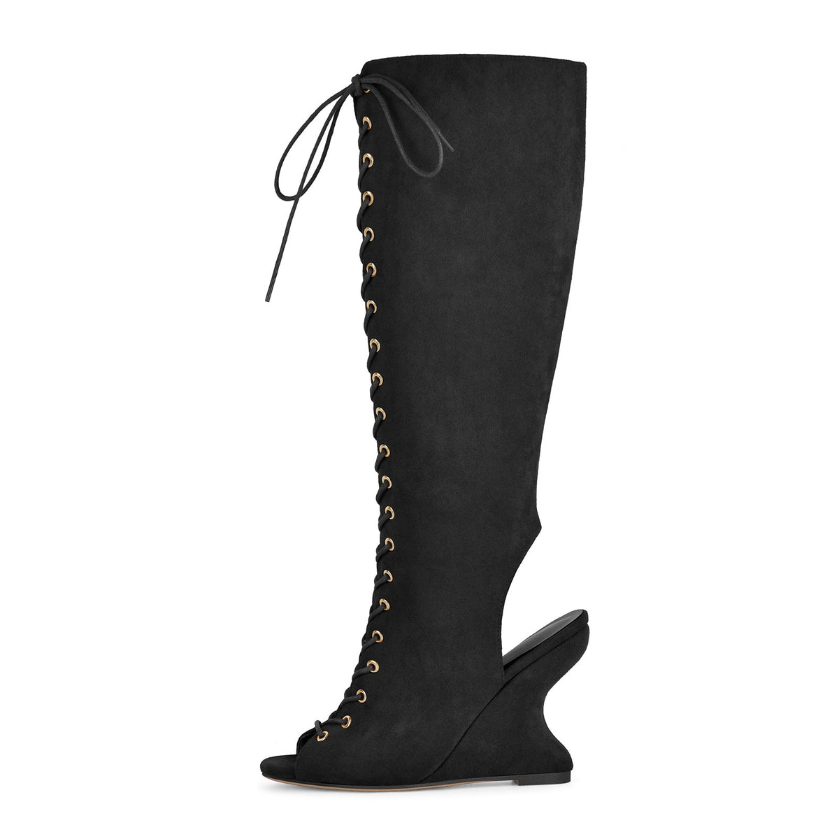 Suede Open Toe Lace-up Wedge Heel Knee High Boots - Onlymaker