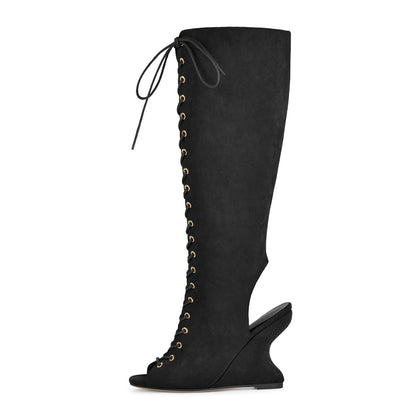 Suede Open Toe Lace-up Wedge Heel Knee High Boots - Onlymaker