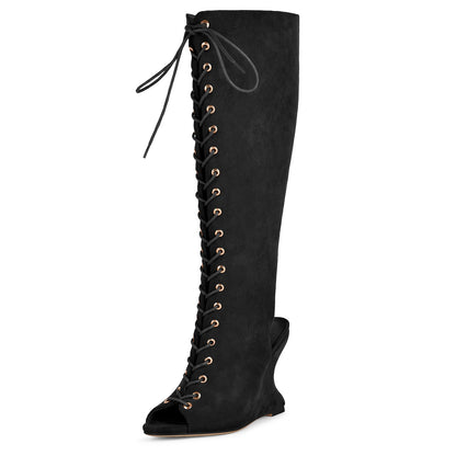 Suede Open Toe Lace-up Wedge Heel Knee High Boots - Onlymaker