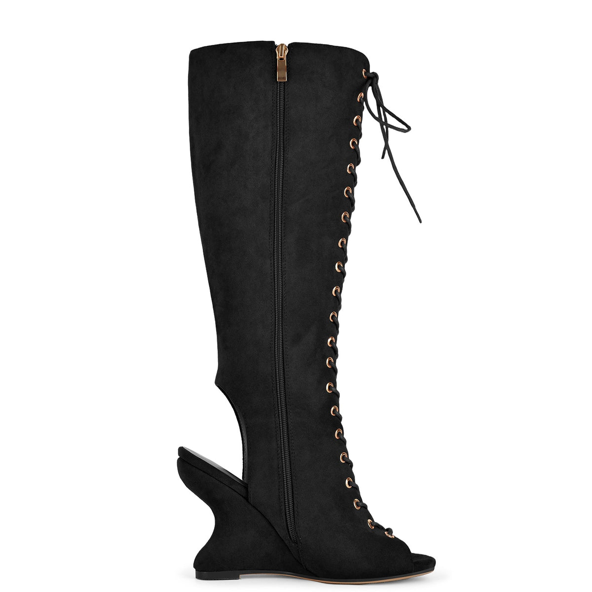 Suede Open Toe Lace-up Wedge Heel Knee High Boots - Onlymaker