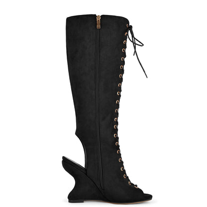 Suede Open Toe Lace-up Wedge Heel Knee High Boots - Onlymaker