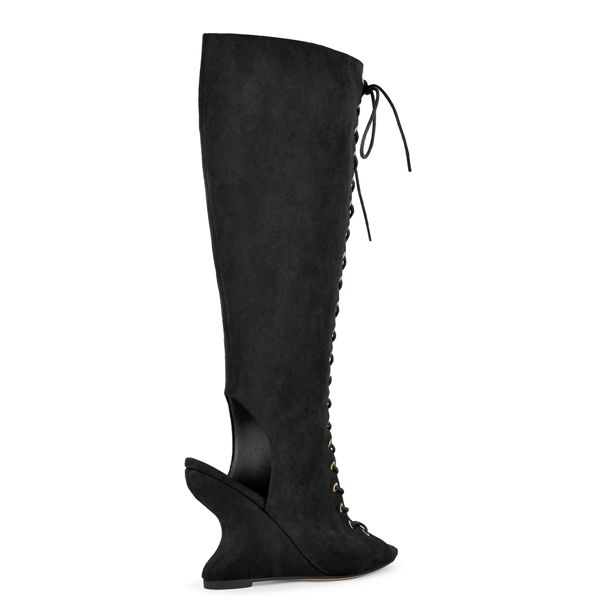 Suede Open Toe Lace-up Wedge Heel Knee High Boots - Onlymaker