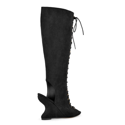 Suede Open Toe Lace-up Wedge Heel Knee High Boots - Onlymaker
