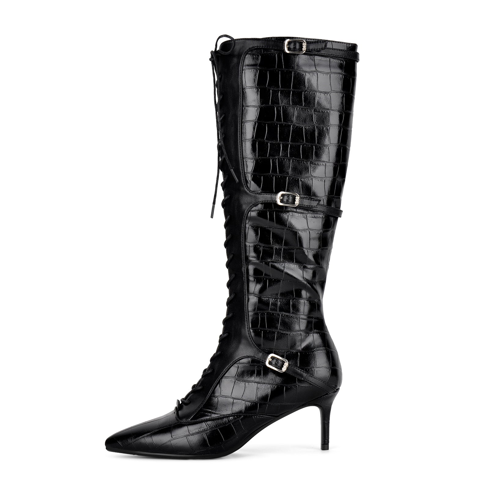 Pointed Toe Stone Buckle Lace-up Knee High Boots - Onlymaker