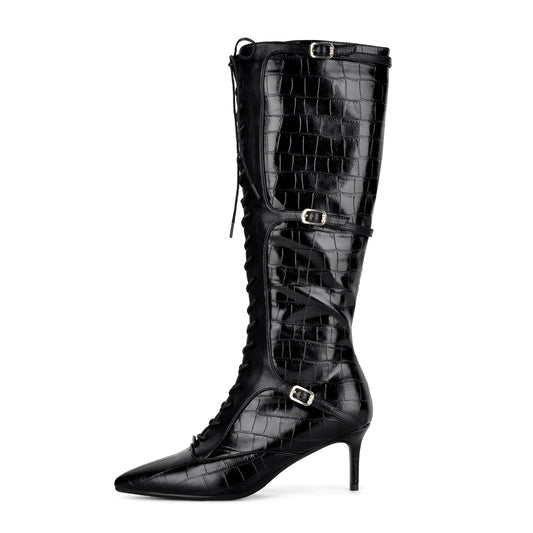 Pointed Toe Stone Buckle Lace-up Knee High Boots - Onlymaker