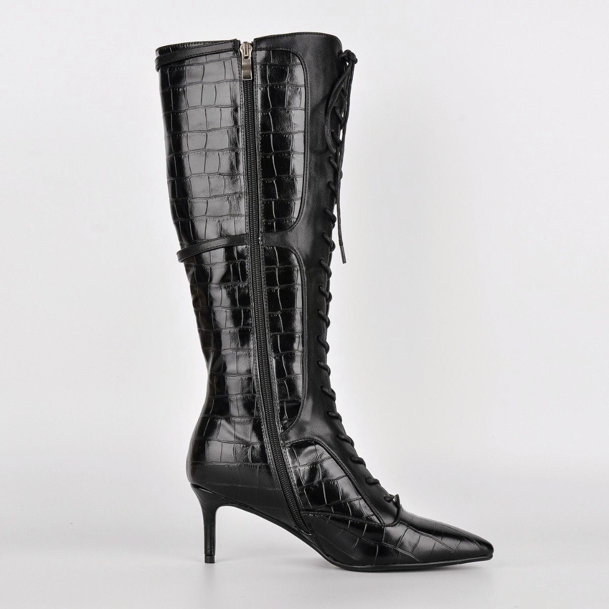 Pointed Toe Stone Buckle Lace-up Knee High Boots - Onlymaker