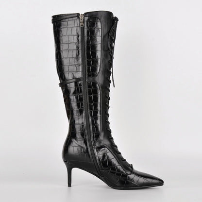 Pointed Toe Stone Buckle Lace-up Knee High Boots - Onlymaker