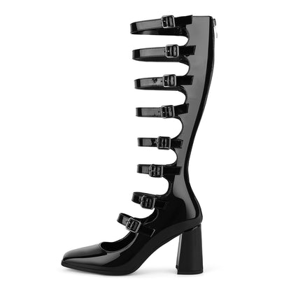 Square Toe Multi Buckle Strap Knee High Boots - Onlymaker