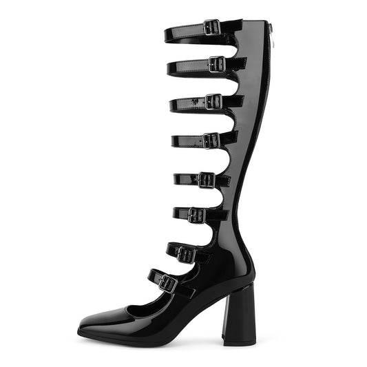 Square Toe Multi Buckle Strap Knee High Boots - Onlymaker