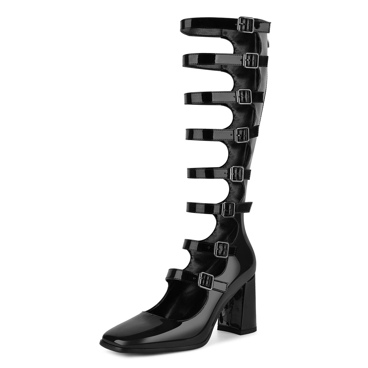 Square Toe Multi Buckle Strap Knee High Boots - Onlymaker