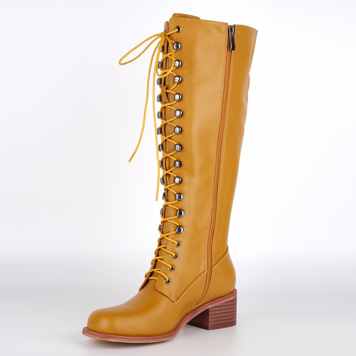 Square Toe Lace-up Chunky Heel Knee High Boots - Onlymaker