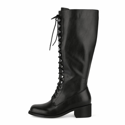Square Toe Lace-up Chunky Heel Knee High Boots - Onlymaker
