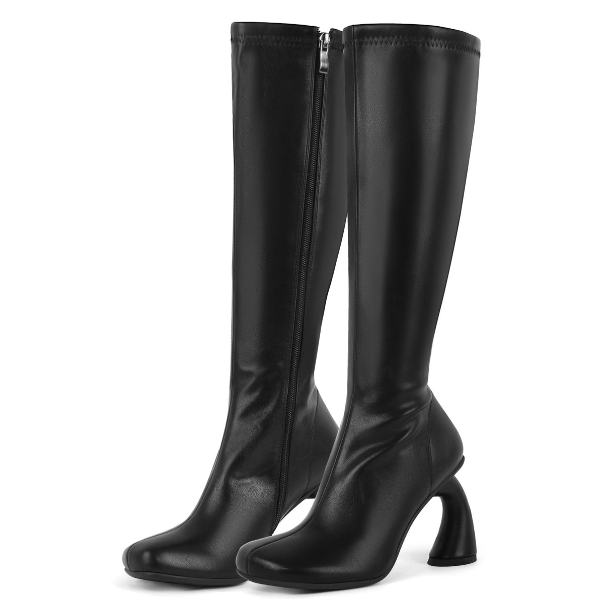 Square Toe Chunky Curved Heel Knee High Boots - Onlymaker