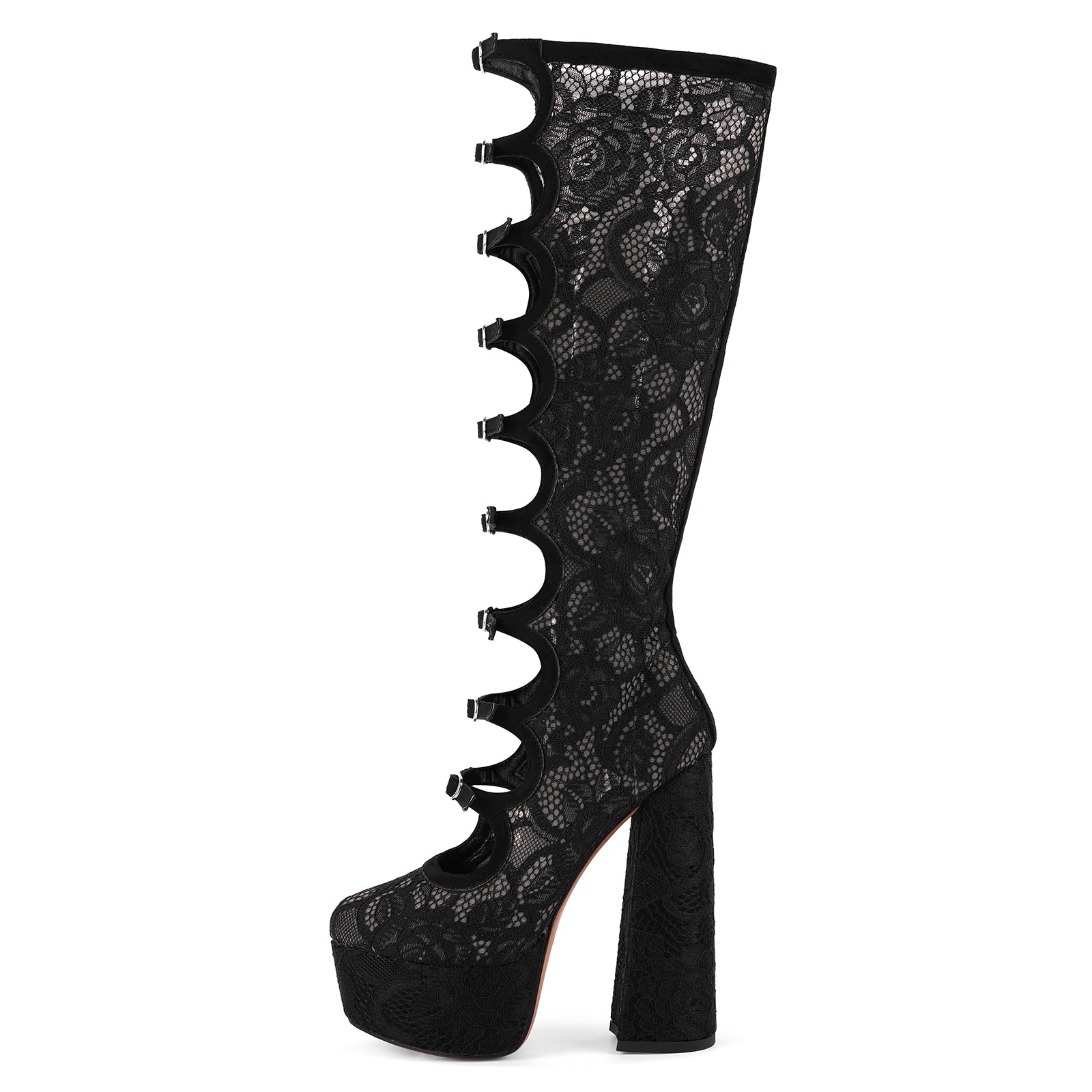 Lace Mesh Multi Buckle Strap Knee High Boots - Onlymaker