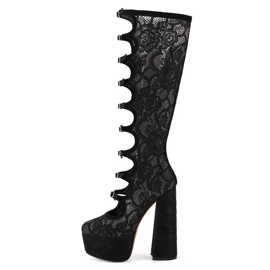 Lace Mesh Multi Buckle Strap Knee High Boots - Onlymaker
