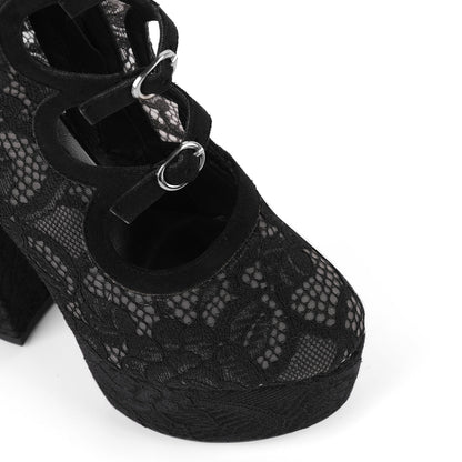 Lace Mesh Multi Buckle Strap Knee High Boots - Onlymaker