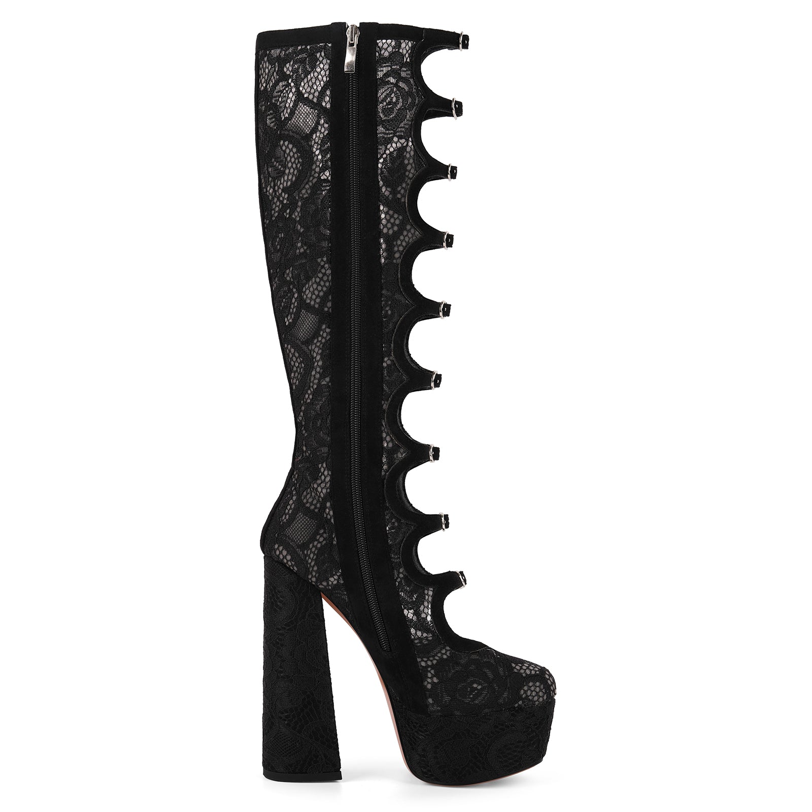 Lace Mesh Multi Buckle Strap Knee High Boots - Onlymaker