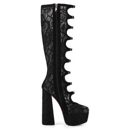 Lace Mesh Multi Buckle Strap Knee High Boots - Onlymaker