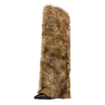 Pointed Toe Fur Fold Over Stiletto Knee High Boots - Onlymaker