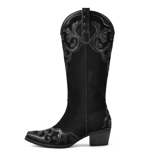 Pointed Toe Suede Knee High Western Boots - Onlymaker