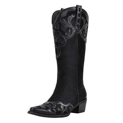 Pointed Toe Suede Knee High Western Boots - Onlymaker